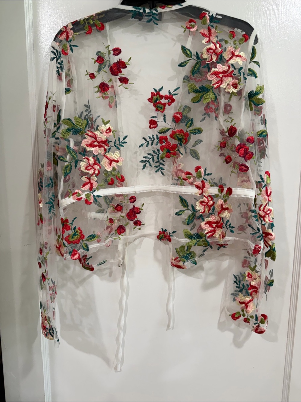 PrettyLittleThing White Sheer Floral Embroidered Tie-Front Cardigan - Picture 6 of 7
